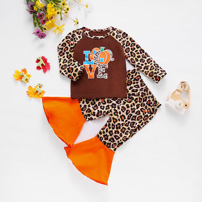 2 Pieces Kid Girl Leopard Set Pumpkin Top With Flared Trousers