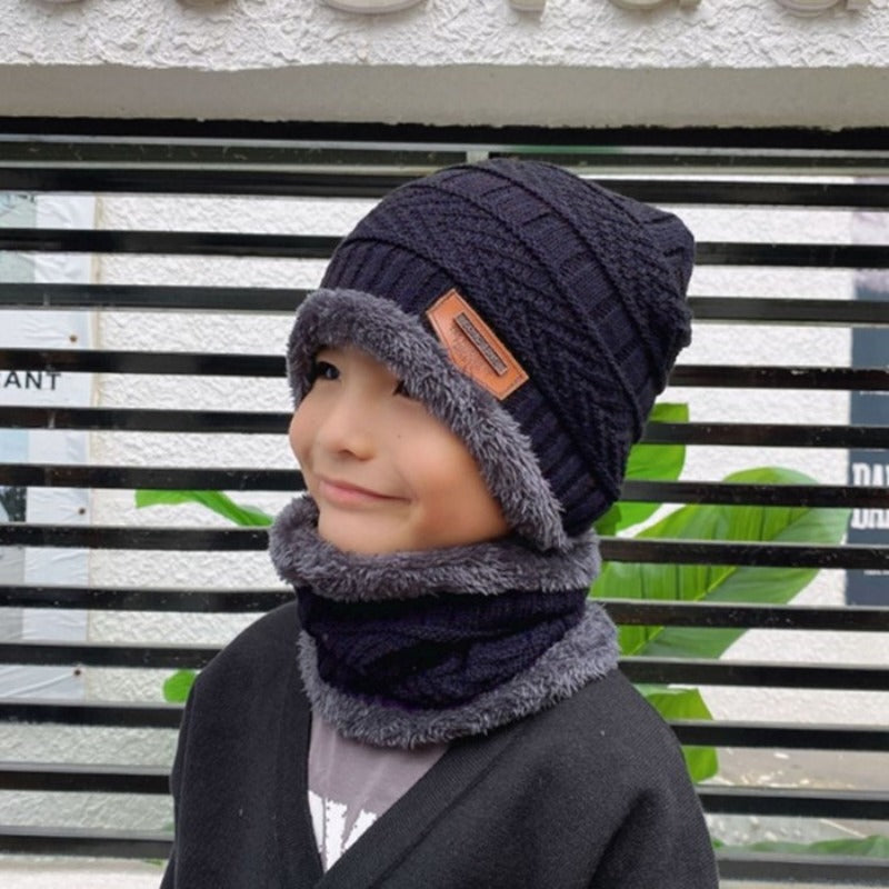 Wholesale winter knitted polyester plus velvet thickened scarf hat set parent-child hat