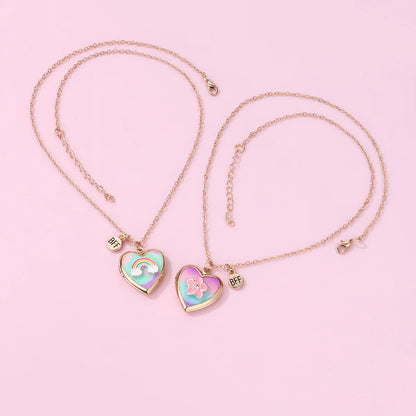 2pc Rainbow and Flower Heart Locket Necklace set