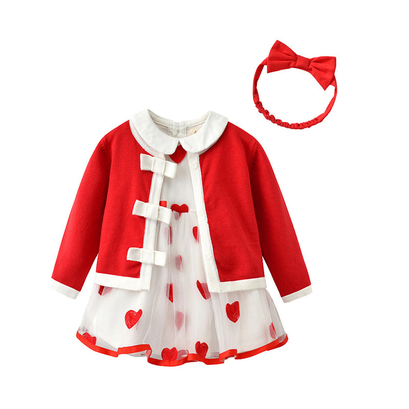 3 Pieces Baby Kid Girls Color-blocking Cardigan  Lace Embroidered Princess Dresses And Bow Headwear Set Wholesale 56569552