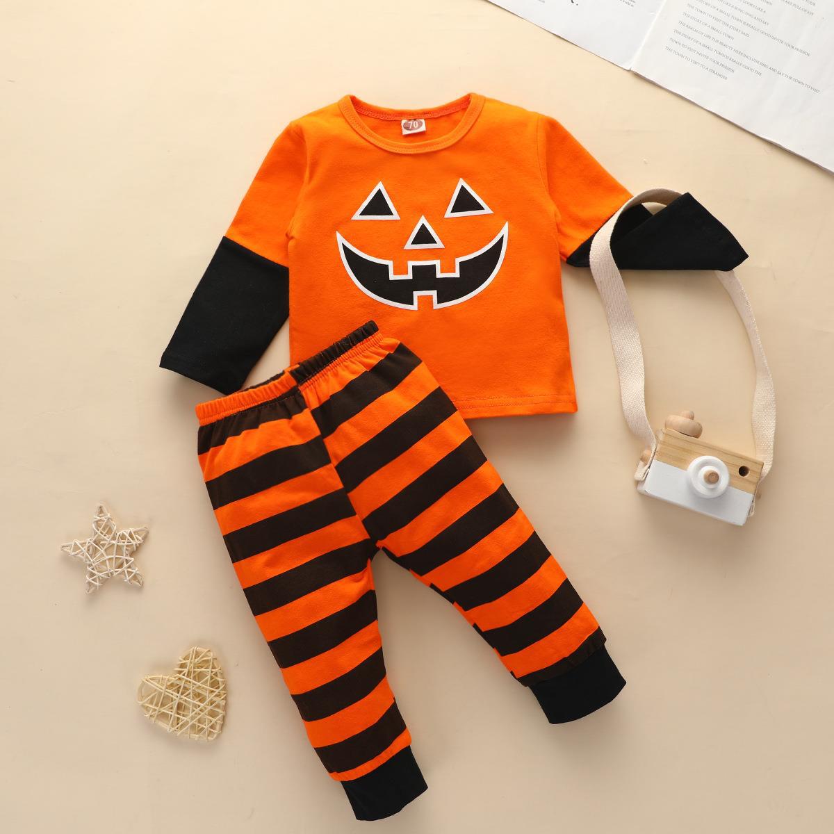 2 Pieces Set Kid Halloween Cartoon Tops And Striped Pants