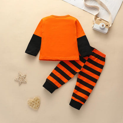 2 Pieces Set Kid Halloween Cartoon Tops And Striped Pants