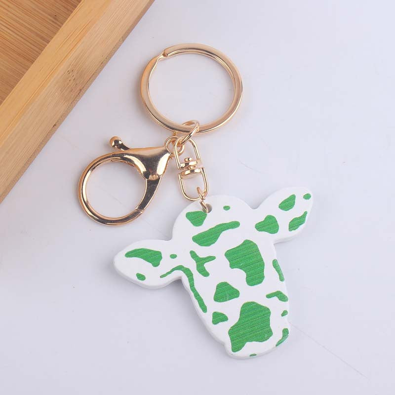 Wooden Colored Cow Head and Cow Pattern Keychains