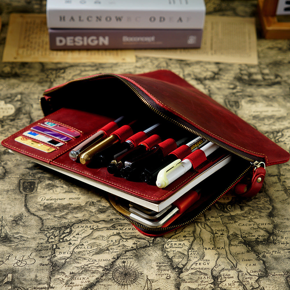 Zipper Large Capacity Storage Crazy Horse Leather Pencil Case