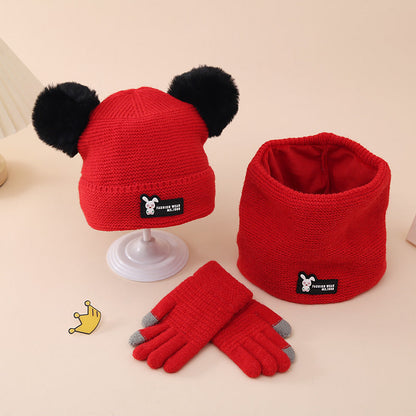 Wholesale Winter Children's Knitted Hat Gloves and Scarf Set with Double Fur Ball and Plush Woolen Hat