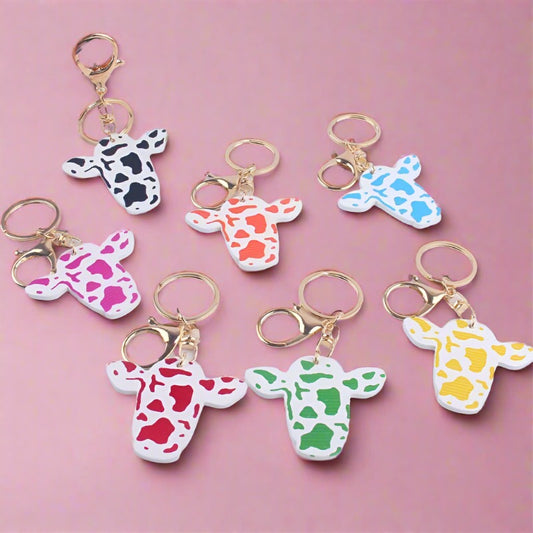 Wooden Colored Cow Head and Cow Pattern Keychains