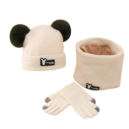 Wholesale Winter Children's Knitted Hat Gloves and Scarf Set with Double Fur Ball and Plush Woolen Hat