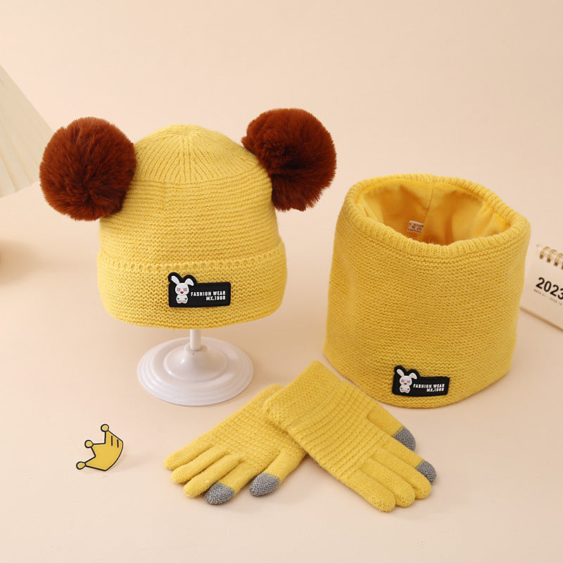 Wholesale Winter Children's Knitted Hat Gloves and Scarf Set with Double Fur Ball and Plush Woolen Hat