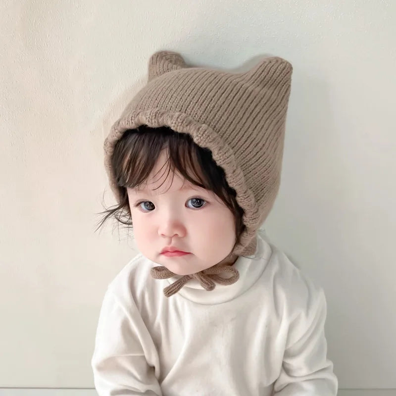 Winter Cartoon Baby Knit Hat - Solid Color Ear Protection Cap