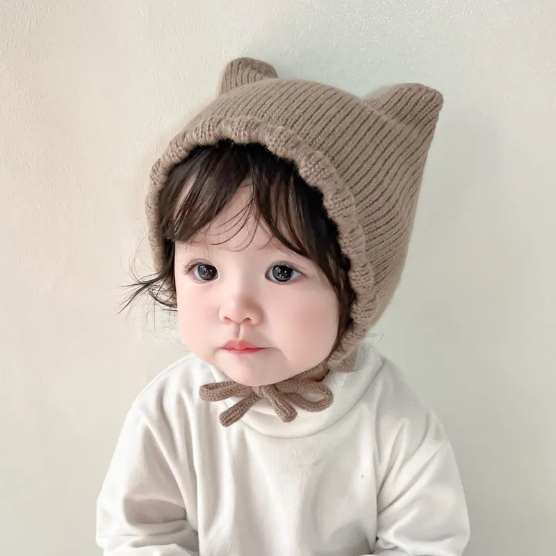 Winter Cartoon Baby Knit Hat - Solid Color Ear Protection Cap