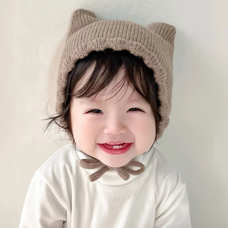 Winter Cartoon Baby Knit Hat - Solid Color Ear Protection Cap