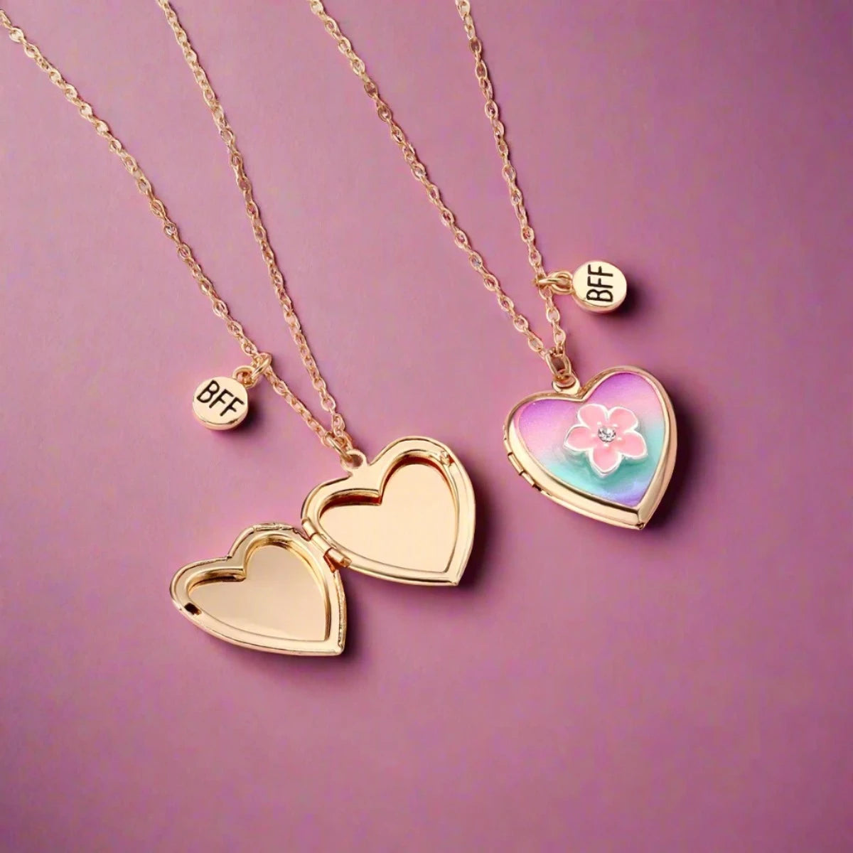 2pc Rainbow and Flower Heart Locket Necklace set