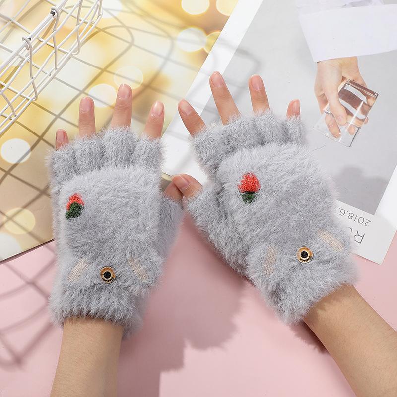 Winter Children's Half-finger Flip Plush Warm Gloves