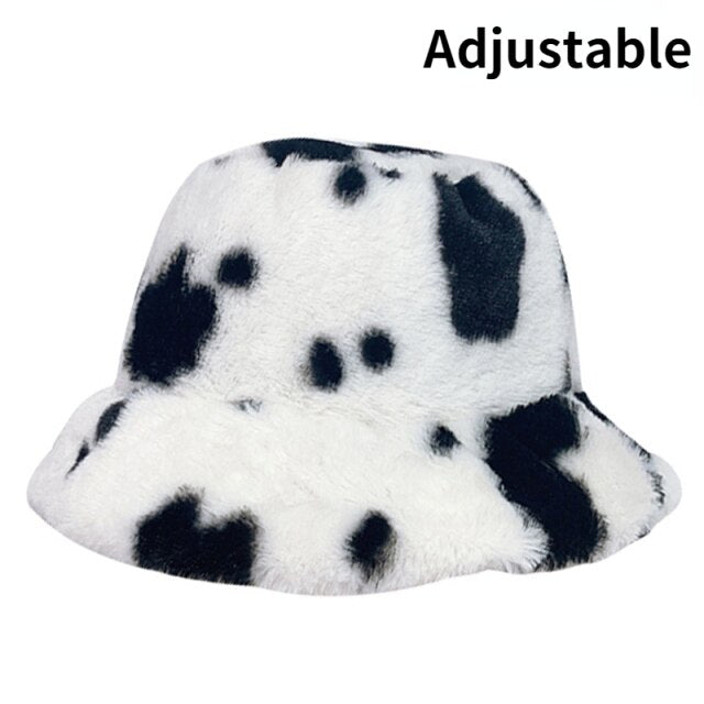 Winter Cow Leopard Faux Fur Fluffy Bucket Hats