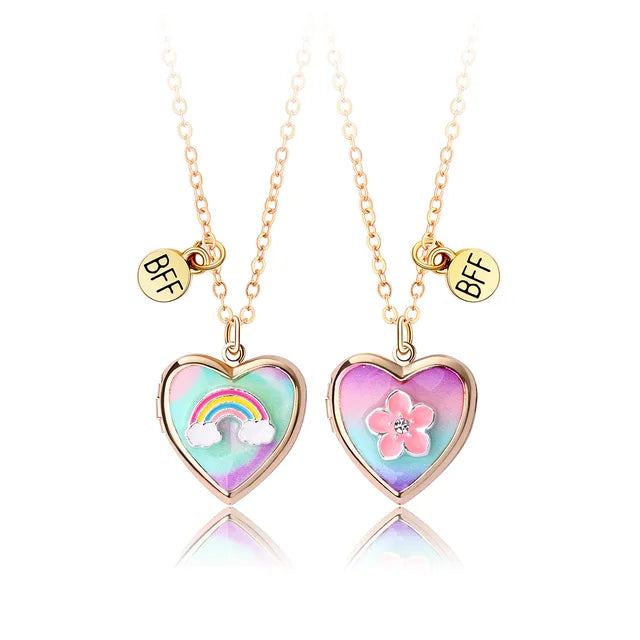 2pc Rainbow and Flower Heart Locket Necklace set